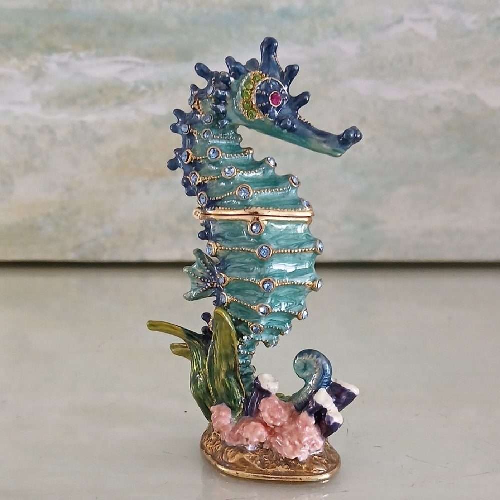 Enameled Bejeweled Seahorse Trinket Box Coastal